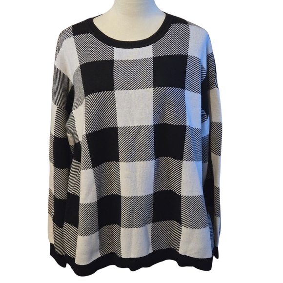 d& co Denim & Company Black and White Checkered Sweater Crew Neck Women's L - Picture 1 of 11